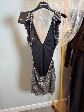 Amen Black Silver Sequin Plunge Mini Dress Rhinestone Trim Size S NWT